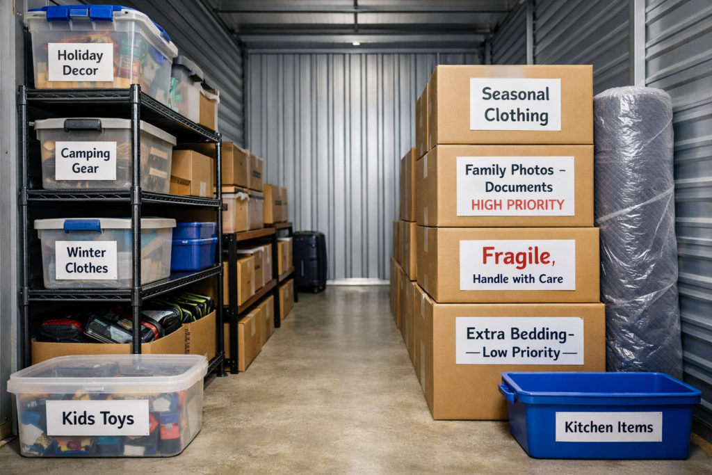 Organized storage unit with labeled boxes and center aisle at Laing Self Storage in Broome County and Chenango Count, New York