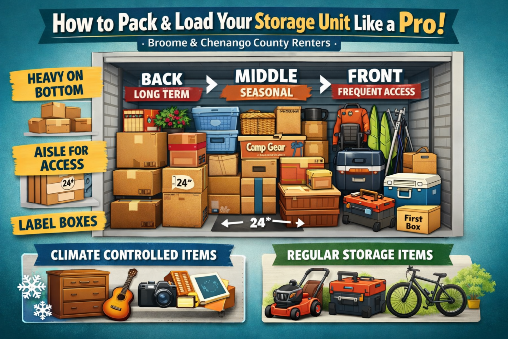 Diagram showing how to pack and load a storage unit with zones for long-term, seasonal, and frequent access items – guide for Laing Self Storage customers in Broome & Chenango County NY.