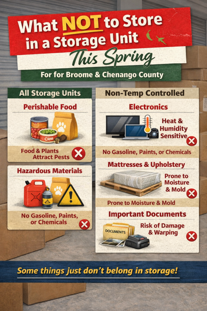 Guide showing what not to store in temperature controlled vs non-temperature controlled storage units in Broome and Chenango County including electronics, food, hazardous materials, and moisture-sensitive items