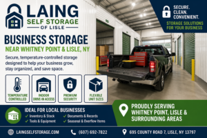 Business storage units near Whitney Point NY at Laing Self Storage of Lisle with temperature-controlled indoor drive-in access