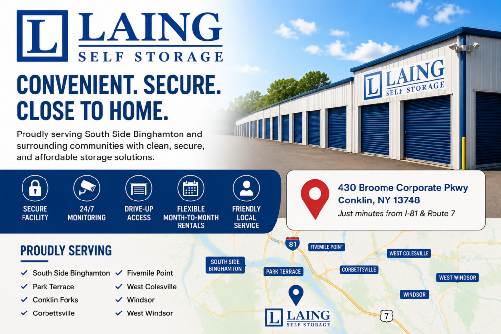 Laing Self Storage of Conklin near South Side Binghamton NY offering secure drive-up self storage units for businesses and residents.