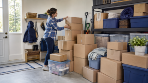 Homeowner organizing subscription box clutter near Conklin, NY
